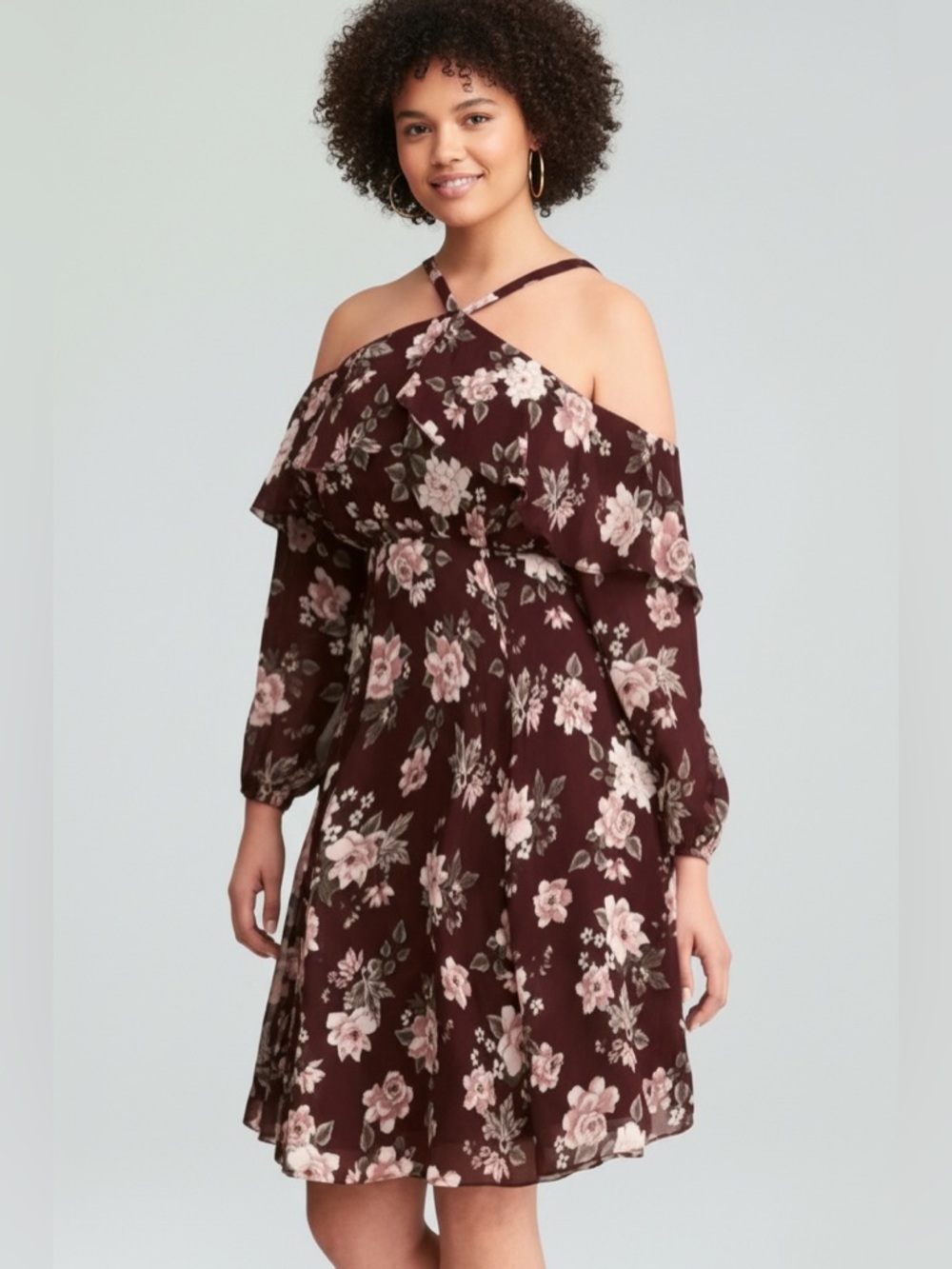 Torrid size 10 dress wine floral cold shoulder flowy a line chiffon dress